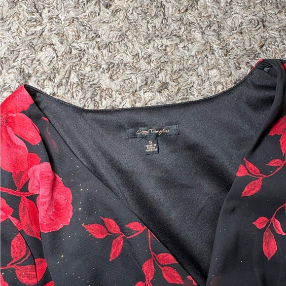 City Triangles Black & Red Floral Wrap Dress with gold accents and Tie Waist - Picture 3 of 4